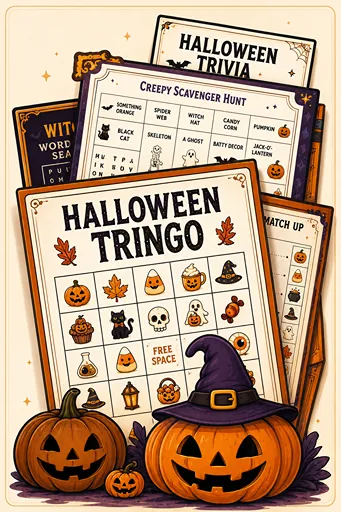 Printable Halloween party games including trivia, bingo and scavenger hunt