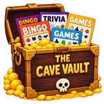 Illustration of The Cave Vault chest overflowing with Halloween printable games like bingo, trivia and party activities