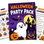 Halloween Party Pack cover art featuring a smiling ghost, pumpkin, black cat and sample bingo and scavenger hunt printables